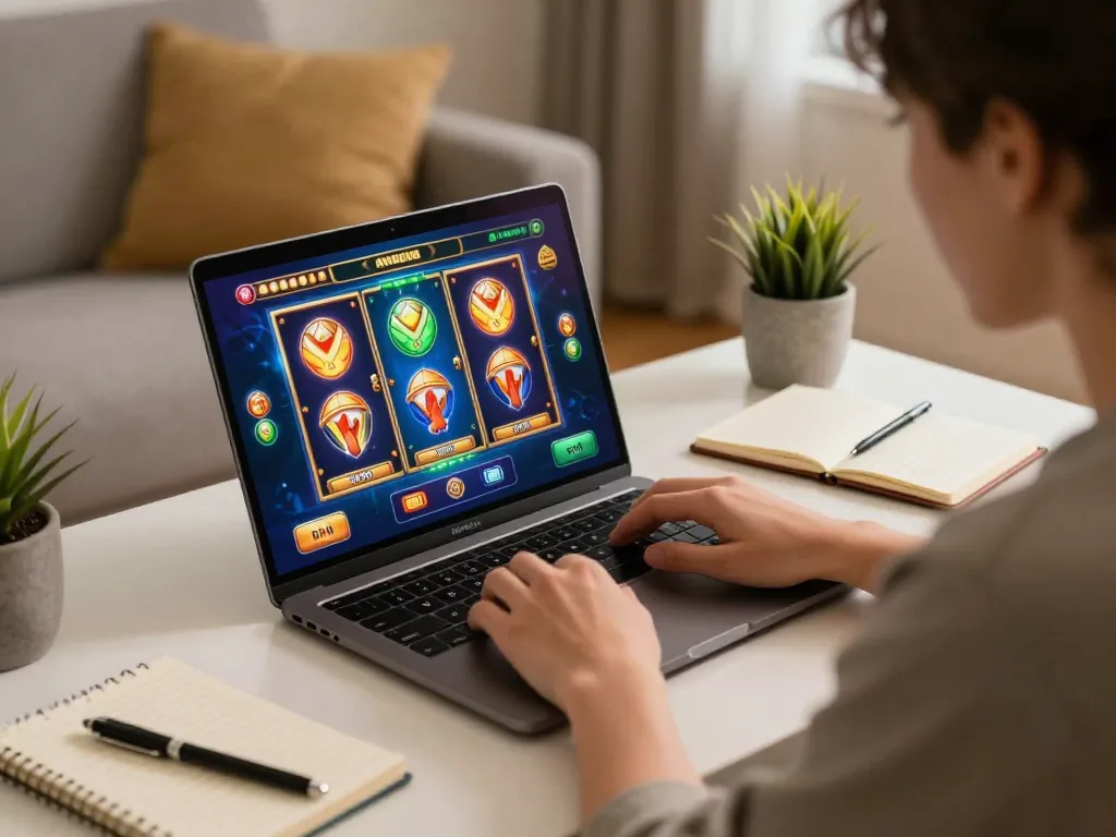 Engaging in slot online gaming at home with strategic notes and laptop interface.