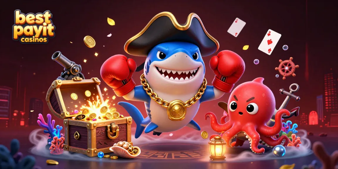 Experience the excitement of best payout casinos with a vibrant 3D illustration featuring a pirate shark and friends.