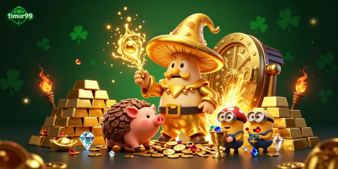 Experience thrilling wins with timur99 in a magical treasure-filled casino illustration.
