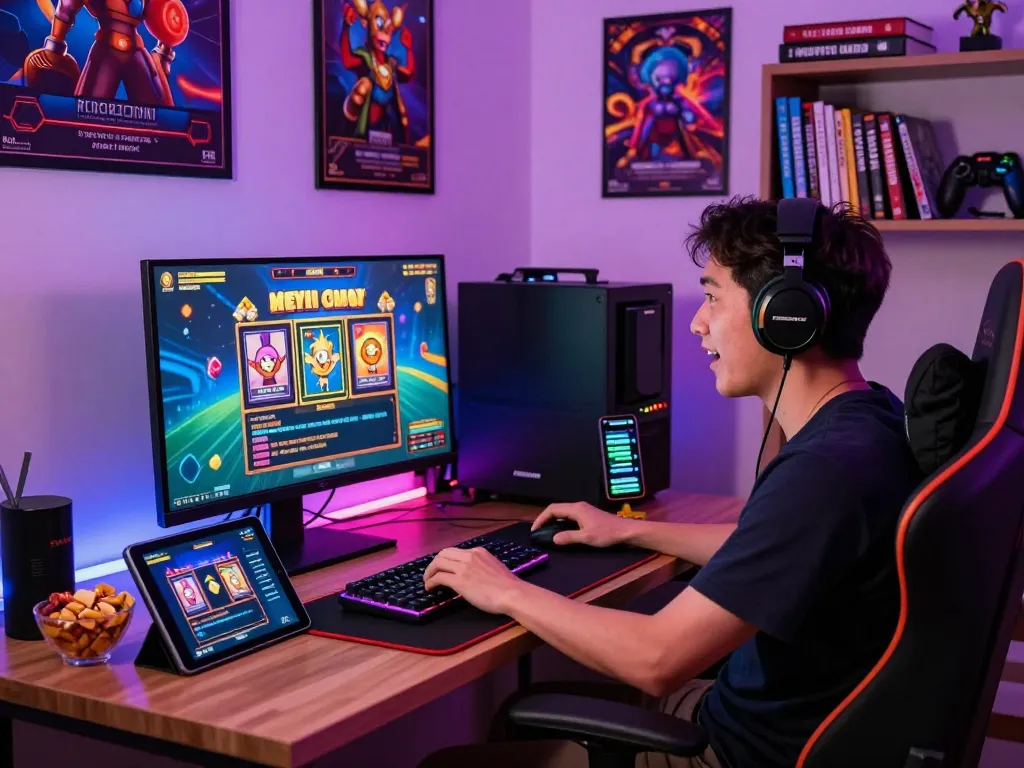 Engaging gamer playing slot gacor at home with colorful LED lights, snacks, and gaming gear.