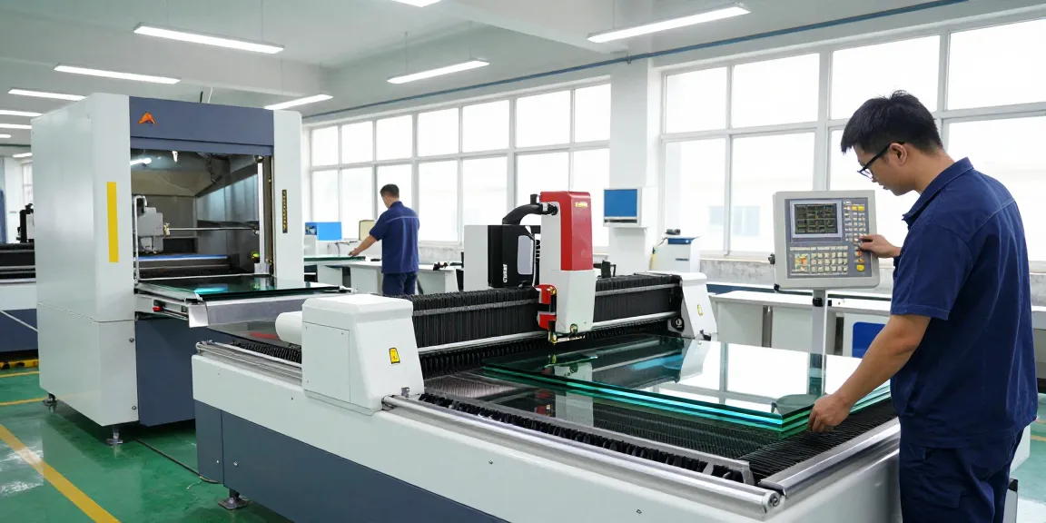 CNC glass cutting machine in action at a modern glass processing workshop.