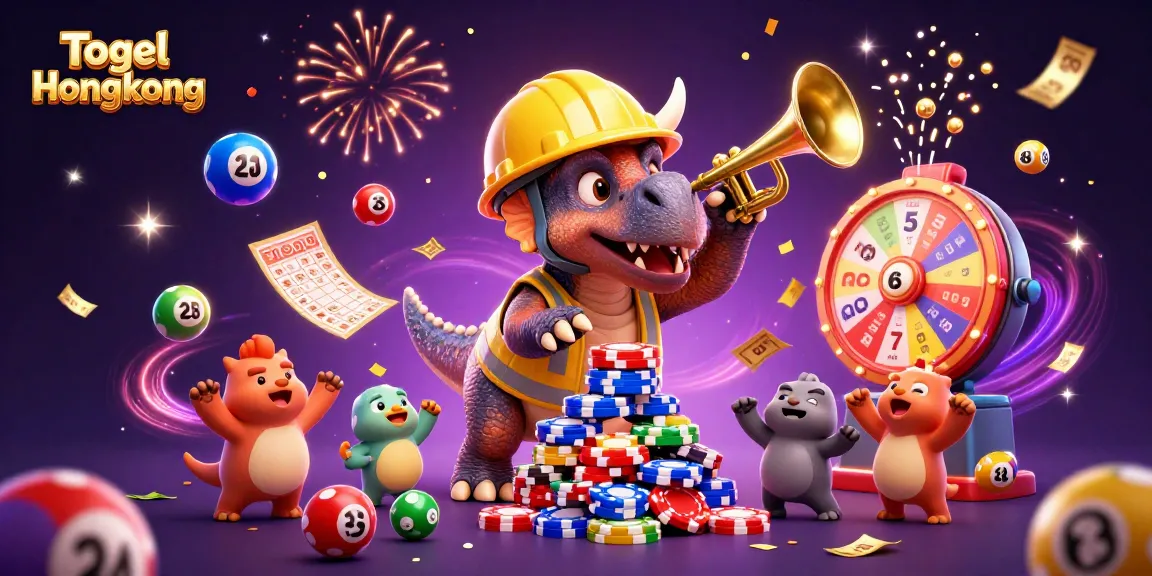 Togel Hongkong brings excitement alive with dynamic lottery elements and playful dinosaurs celebrating wins in a vibrant scene.