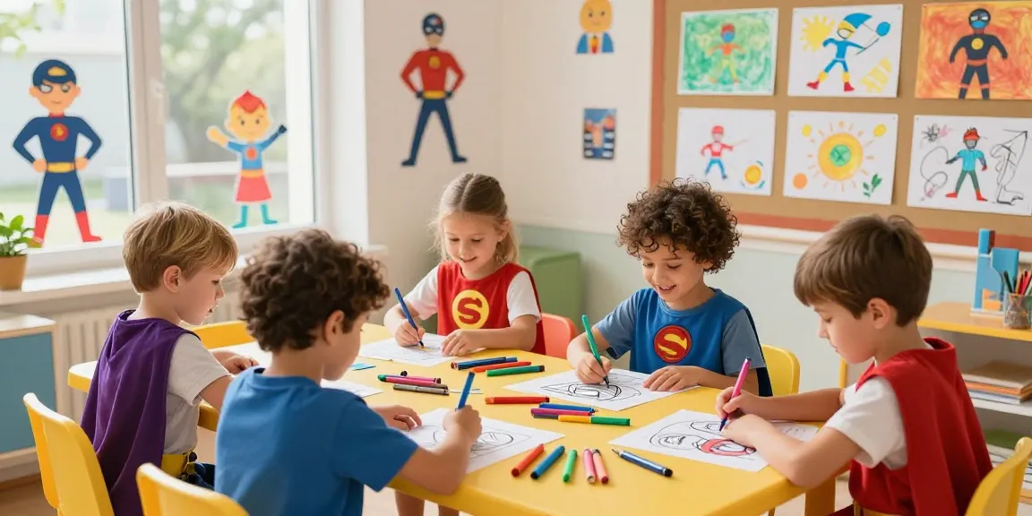 Kids coloring superhero coloring pages, vibrant art corner with bright atmosphere.