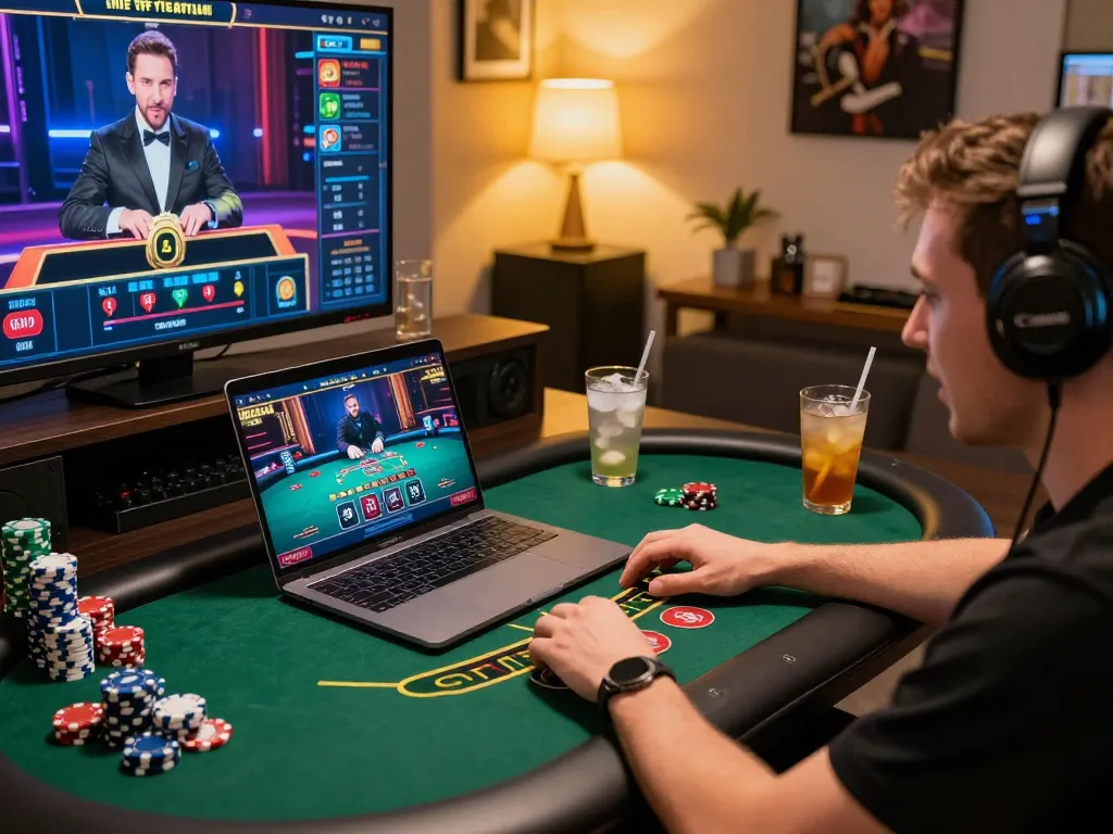 TG88 player enjoying live blackjack online, vibrant gaming setup with cozy atmosphere