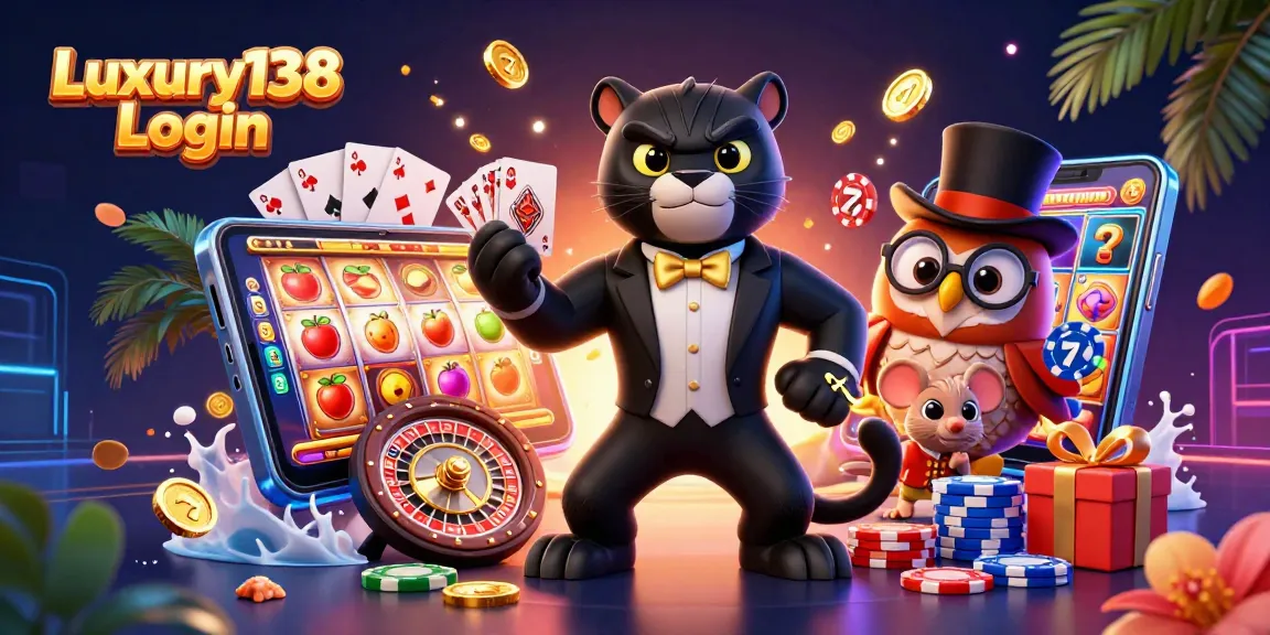 Experience thrilling gaming with Luxury138 Login amid a dynamic casino scene filled with vibrant slot elements.