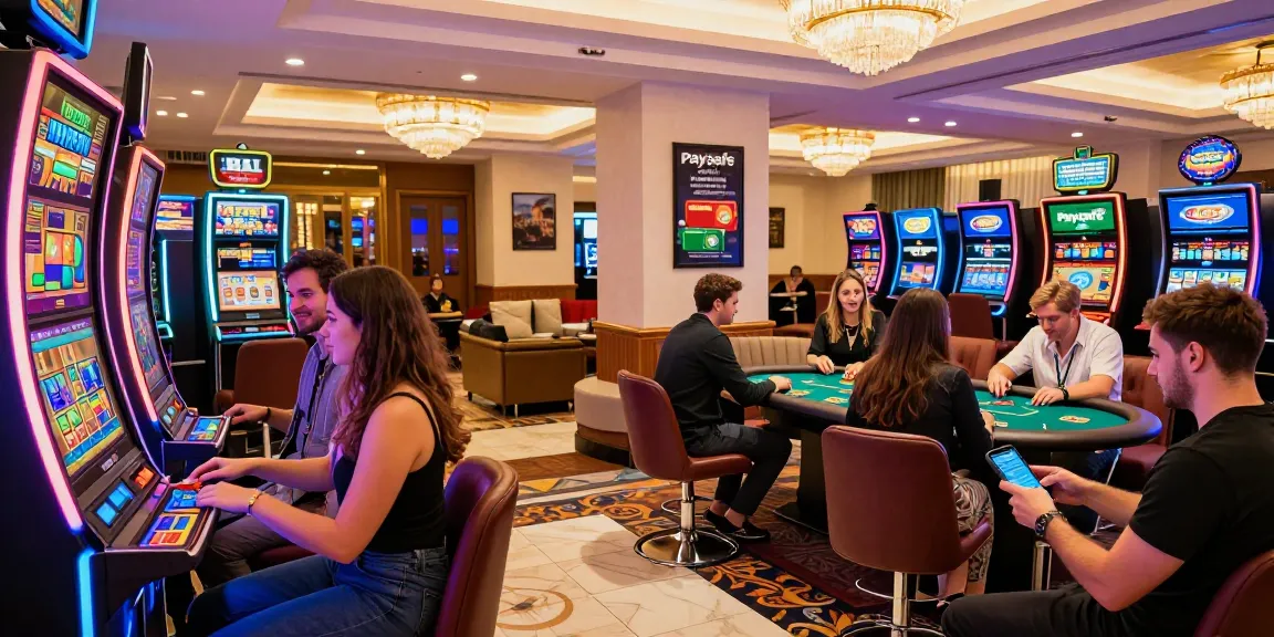 Spieler genießen die lebhafte Atmosphäre eines Paysafe Card Casinos und sind in Spielaktivitäten vertieft.