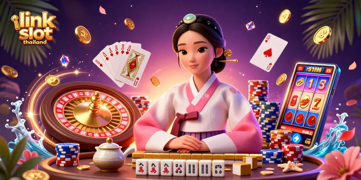Experience the thrill of link slot thailand with cascading coins, vibrant slot reels, and a serene Asian figure in this dynamic casino illustration.