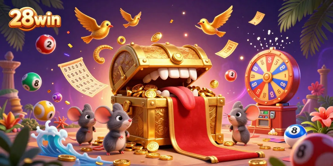Experience dynamic gaming features with 28win’s illustrated treasure chest, booming with rewards!
