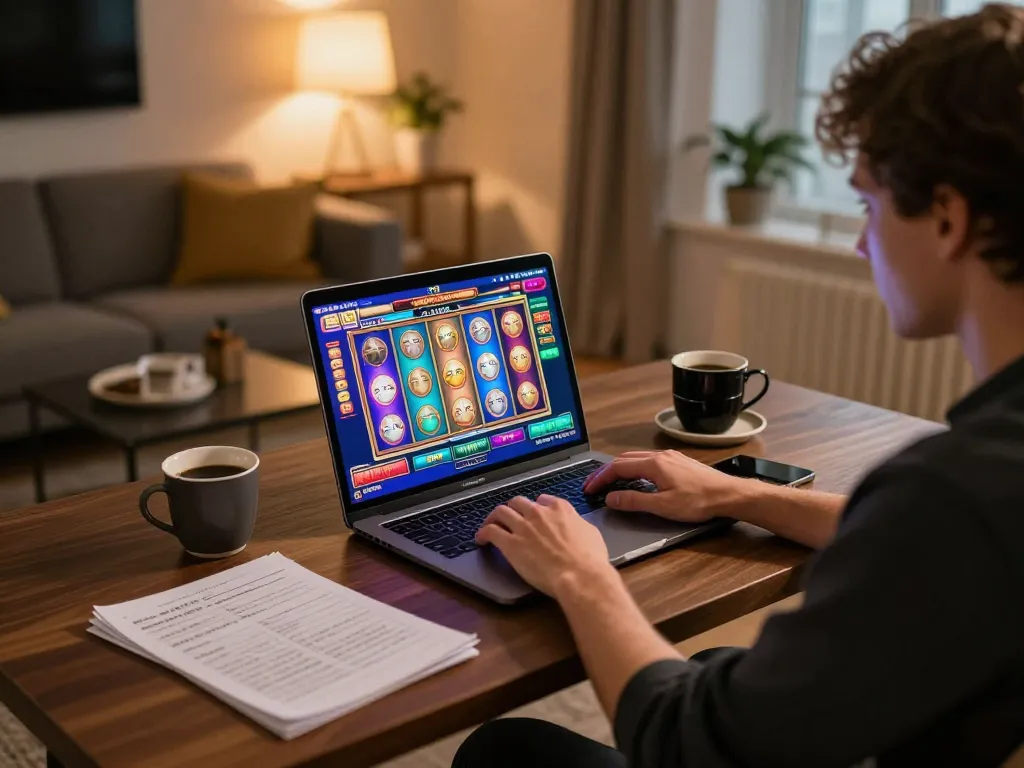 Engaged in online gaming, thabet player enjoying colorful slots on a laptop.