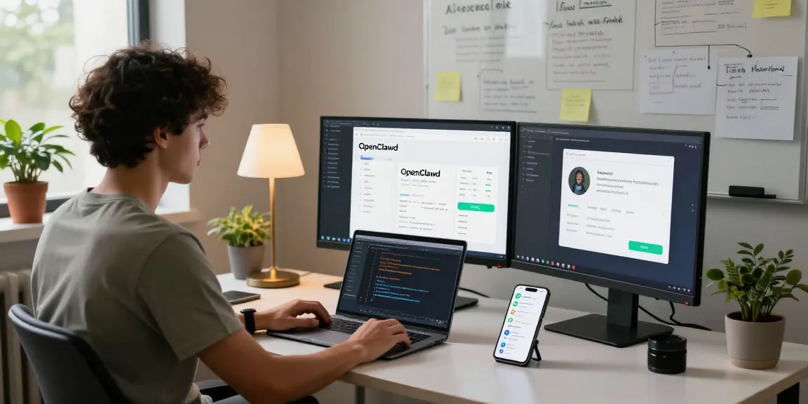 Developer using OpenClawd AI personal assistant in modern tech workspace with dual monitors and collaborative elements.