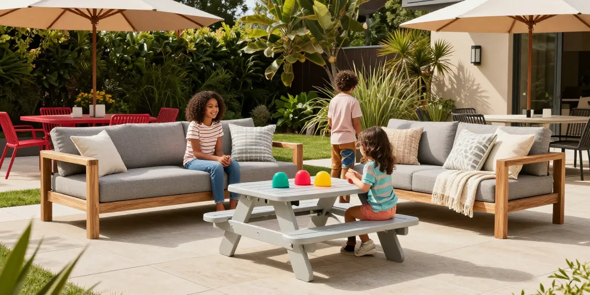 Modern patio furniture set featuring Camden Sofa and Loveseat in Driftwood Gray, ideal for family gatherings outdoors.