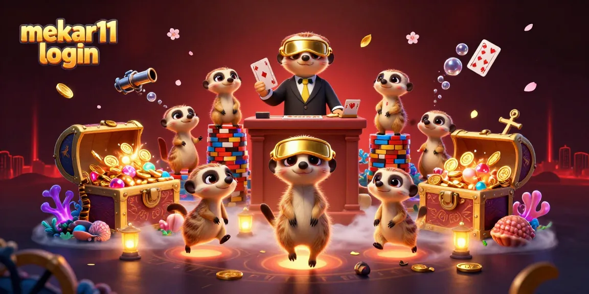 Mekar11 login empowers players in a vibrant online lottery scene with meerkats amidst treasures.