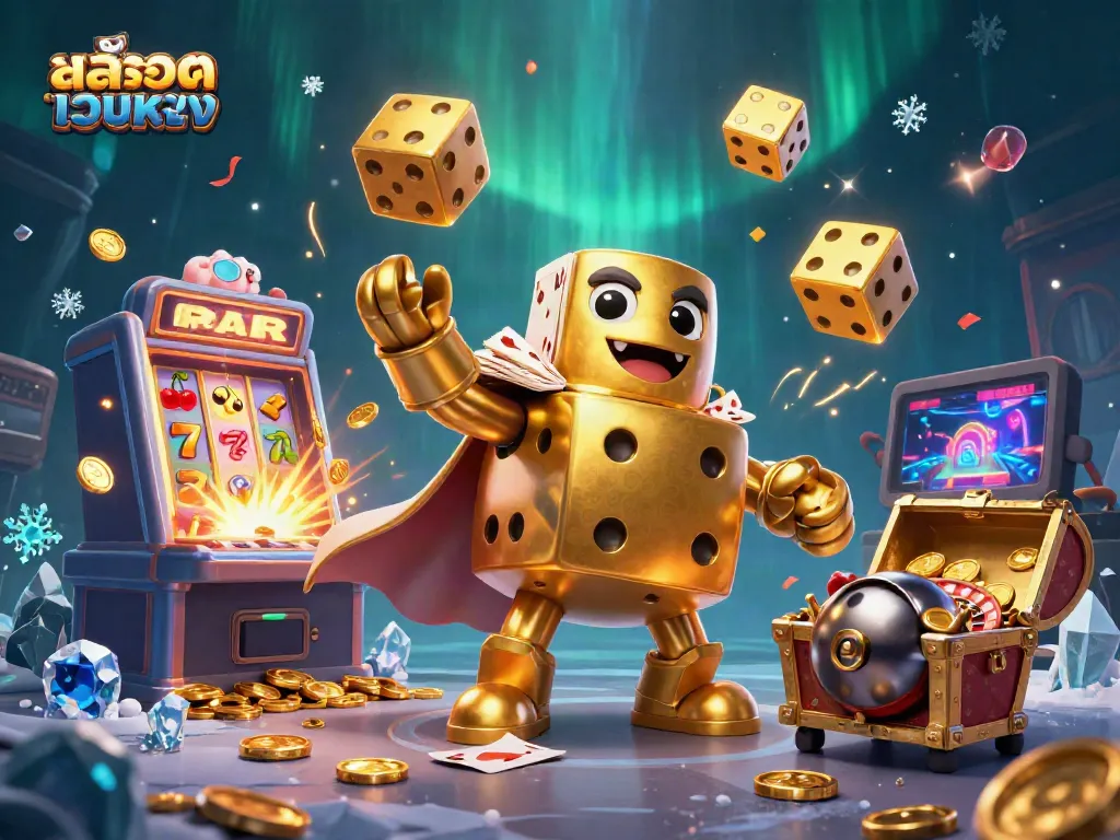 Experience vibrant สล็อตเว็บตรง action with a golden dice golem and slot machine explosion.