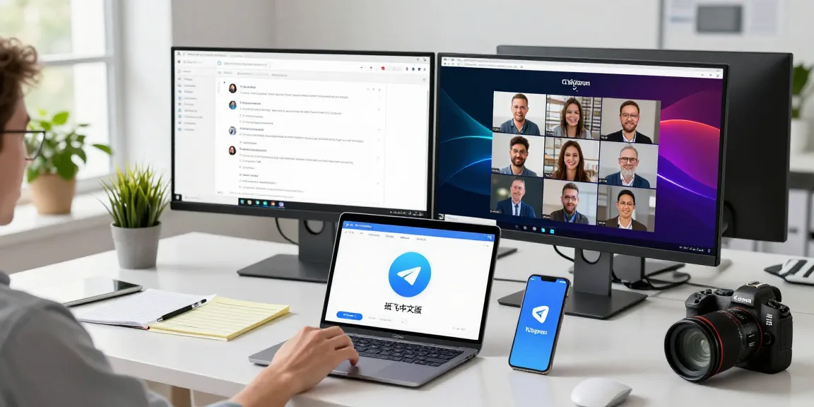 User accessing 纸飞机中文版 in a modern tech workspace with vibrant chat interfaces.