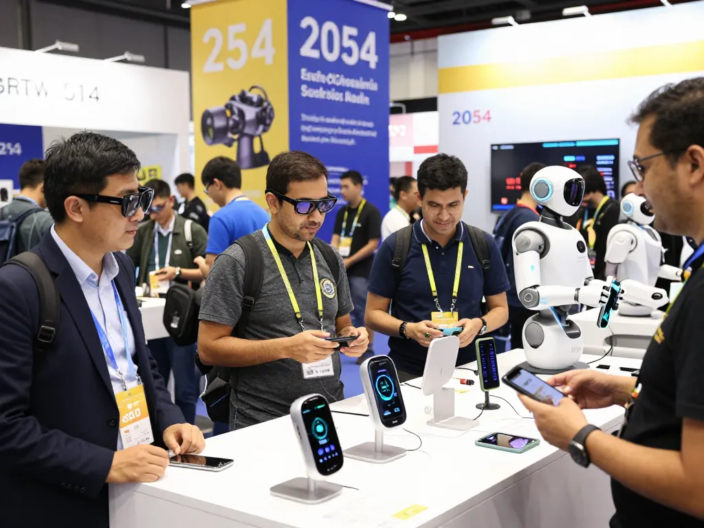 Explore the latest tech gadgets 2054 at a vibrant tech showcase, featuring innovative devices and enthusiastic interactions.