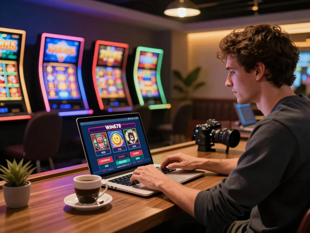 Engaged player using win678 online casino app on a stylish desk, showcasing interactive gaming.