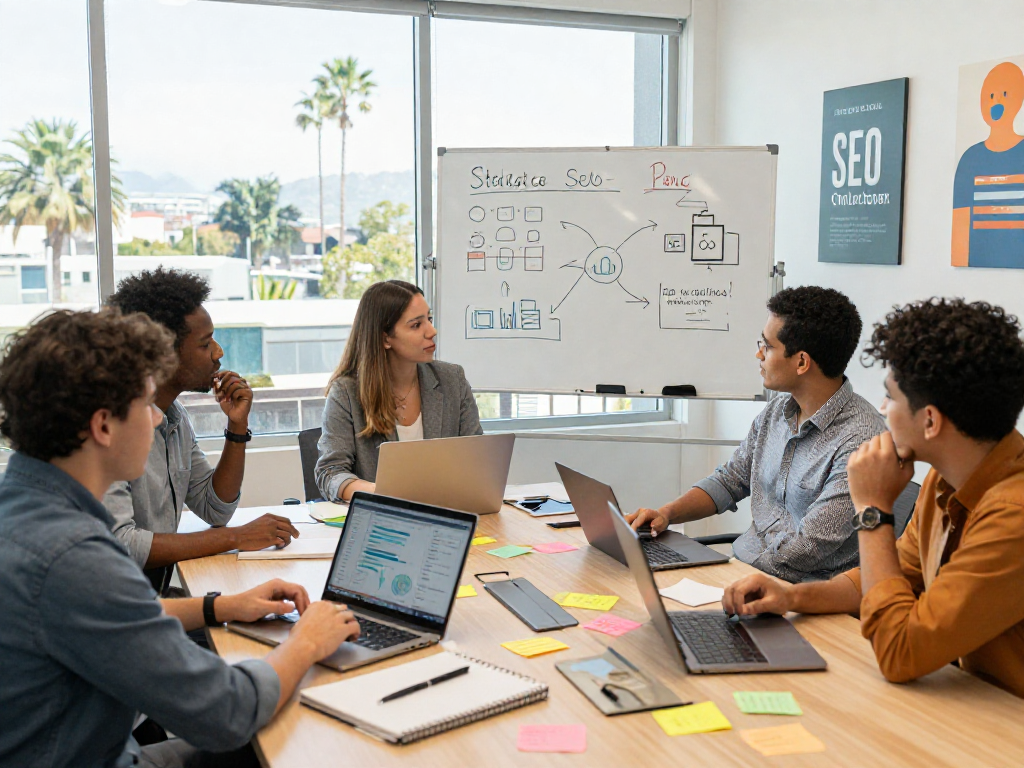 Orange County SEO company team strategizing local marketing campaigns in an office.