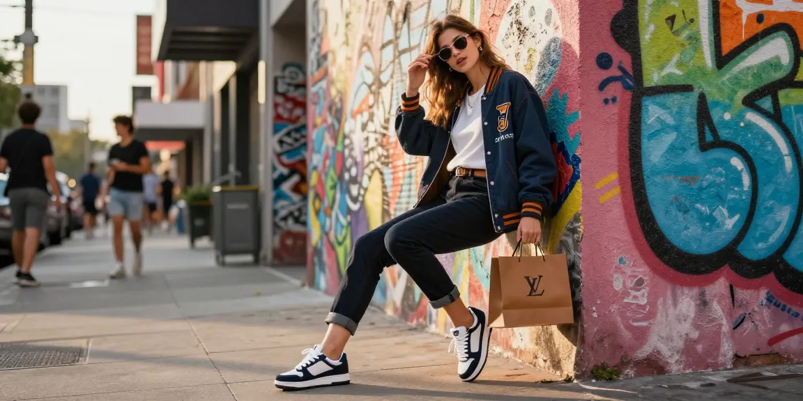 Fashion model wears high-quality 레플리카 sneakers against vibrant graffiti wall, showcasing urban style.