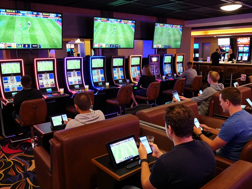 Bongdalu sports betting lounge with bettors engaging in live football betting and analyzing odds in an exciting environment.