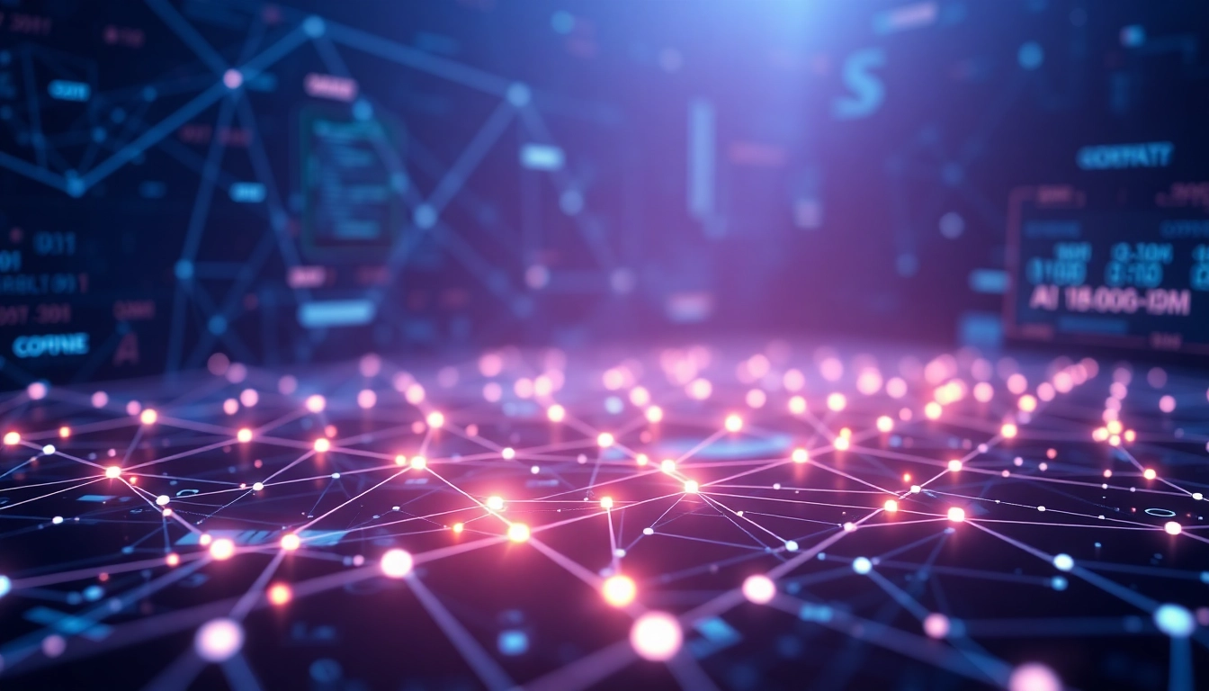 EORMC blockchain technology concept in a high-tech digital landscape with glowing nodes and connections.