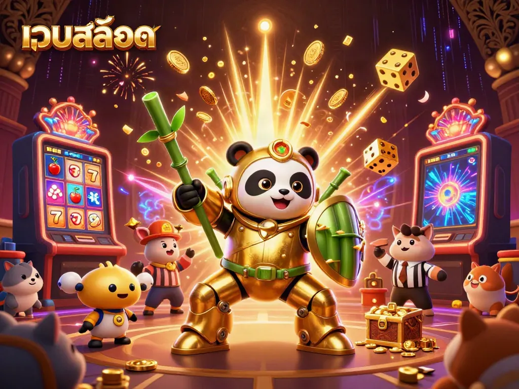 Experience thrilling เว็บสล็อต action in an exciting 3D illustration featuring a golden panda robot amidst playful gaming elements.