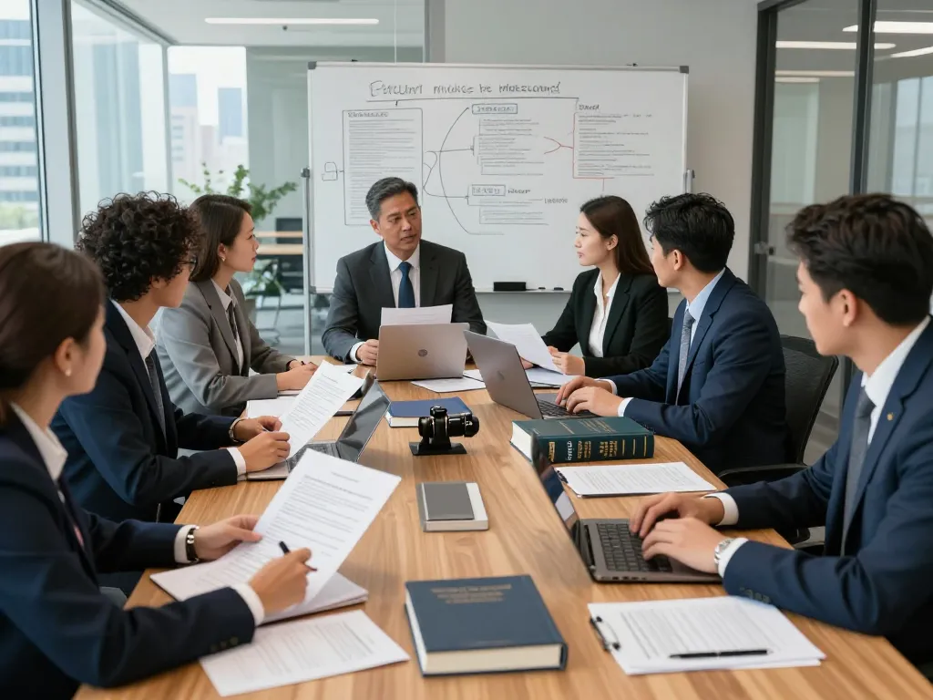 A diverse group of USA lawyers collaborating in a modern legal office setting.