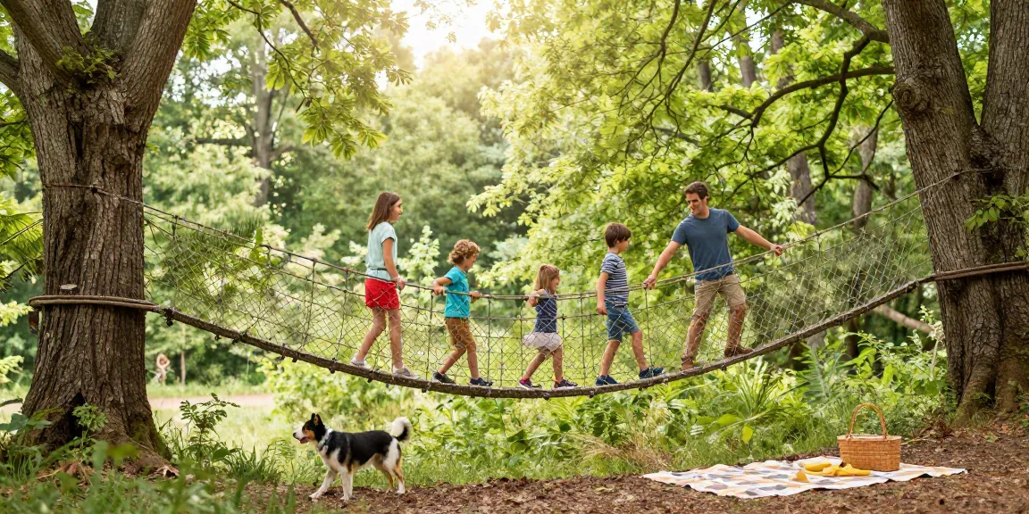 Family crossing a rope bridge design in a lush forest, highlighting outdoor adventure.