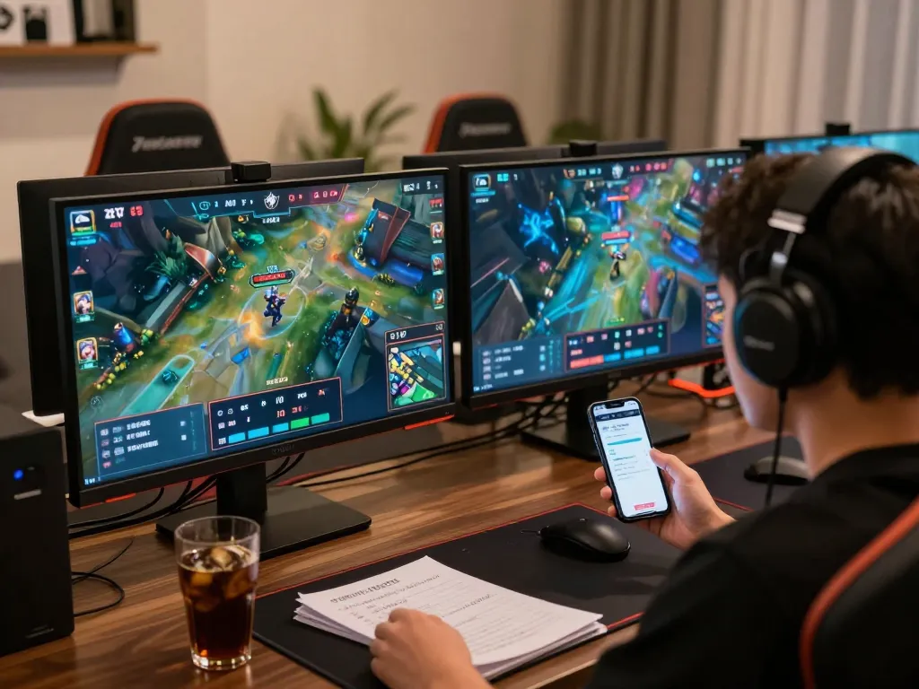 Engaged in esports betting Singapore with multiple screens showing live games and odds in a vibrant gaming setup.