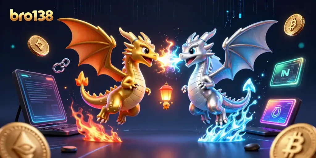 Spin with excitement at bro138 as golden and silver dragons symbolize the thrill of online gaming.