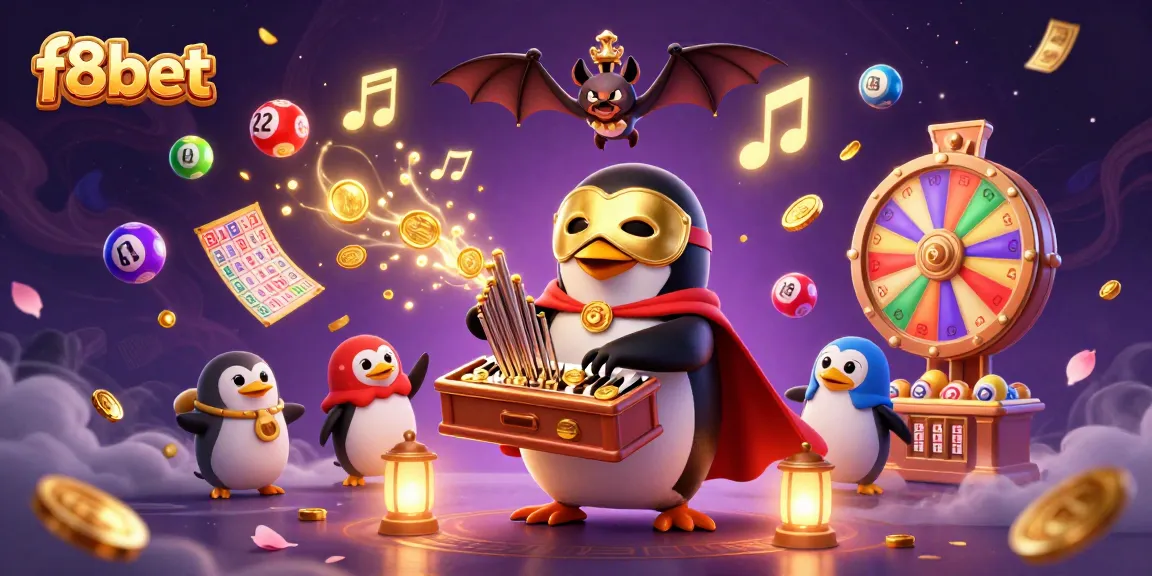 Join the gaming action at f8bet with a penguin character playing the pipe organ and golden coins raining down.