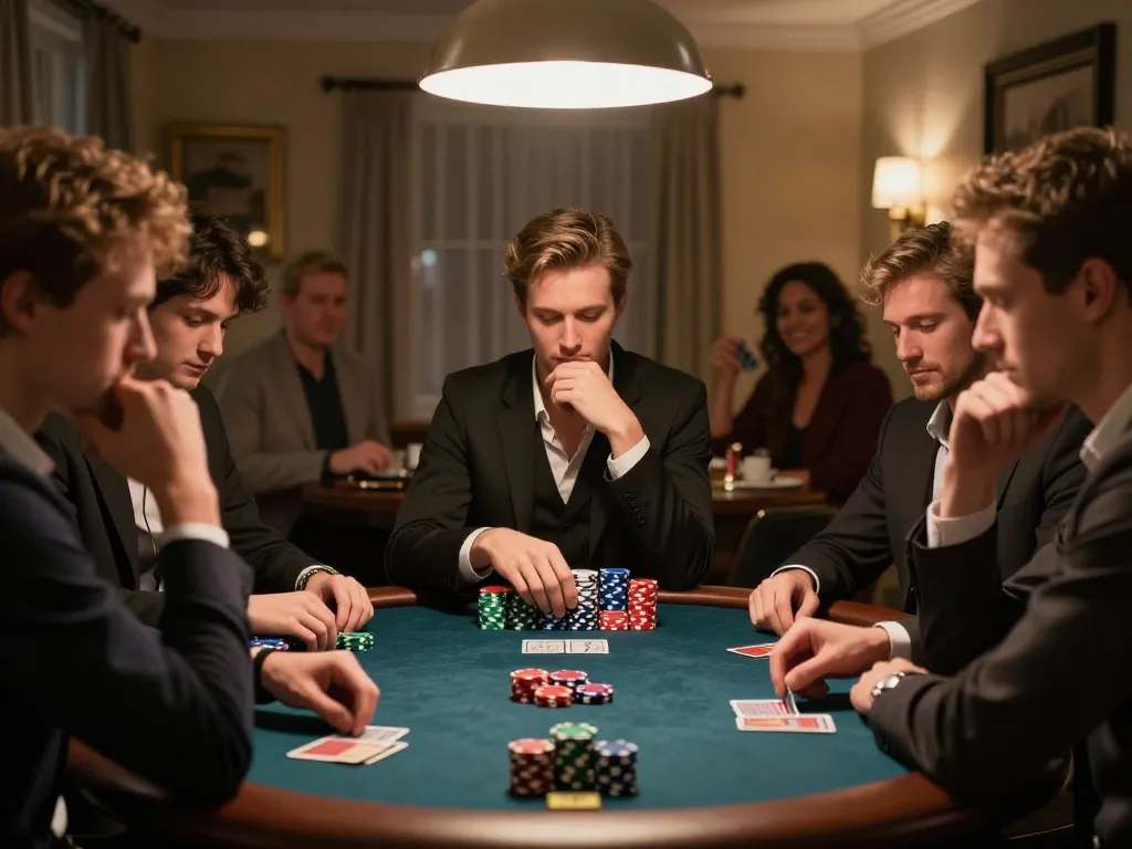 Các người chơi poker Luckywin tiết lộ bài trong không gian trò chơi tại nhà sang trọng.