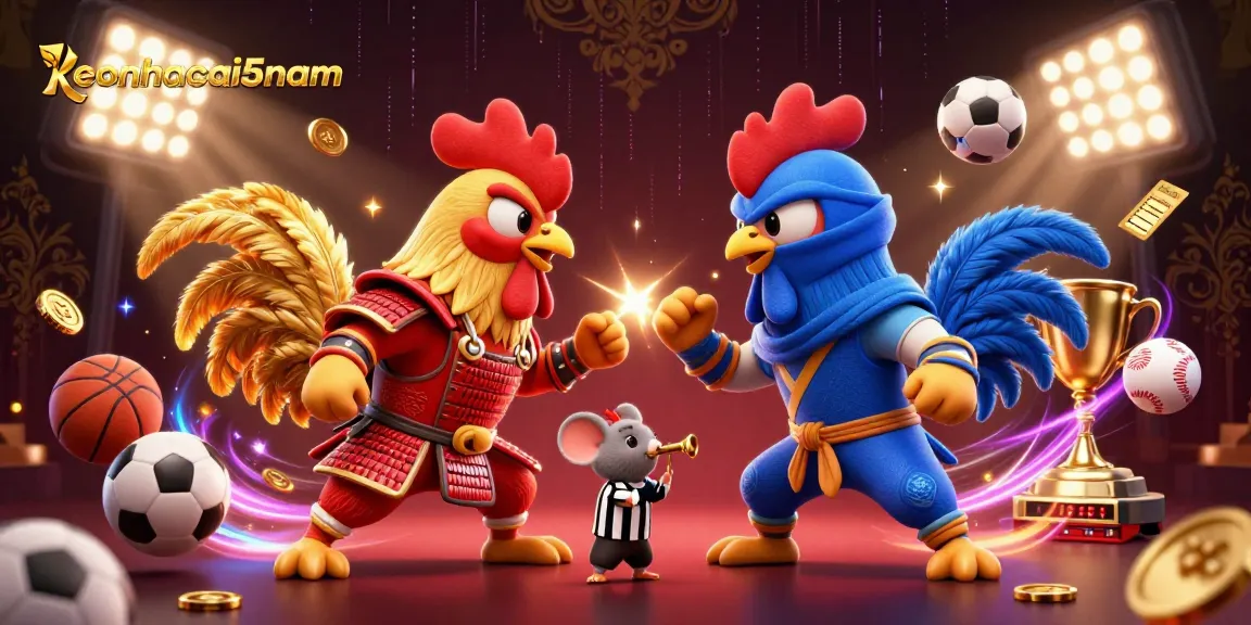 Experience dynamic sports betting with keonhacai5nam's vibrant showdown of roosters in 3D illustration.