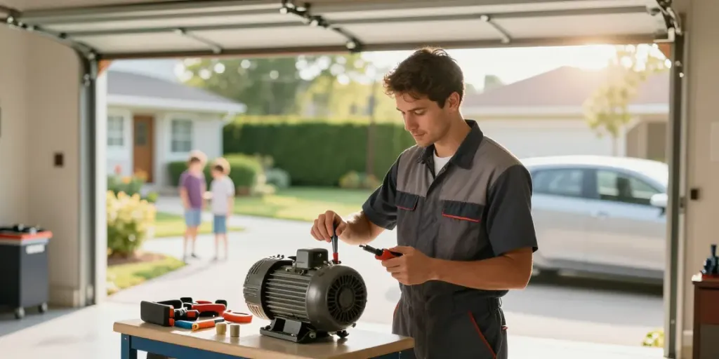 Technician conducting garage door motor replacement in a bright suburban garage.