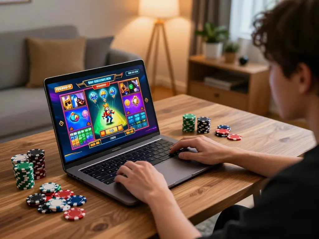 Pajaktoto slot gaming on a laptop with colorful graphics and chips scattered in an inviting home setup