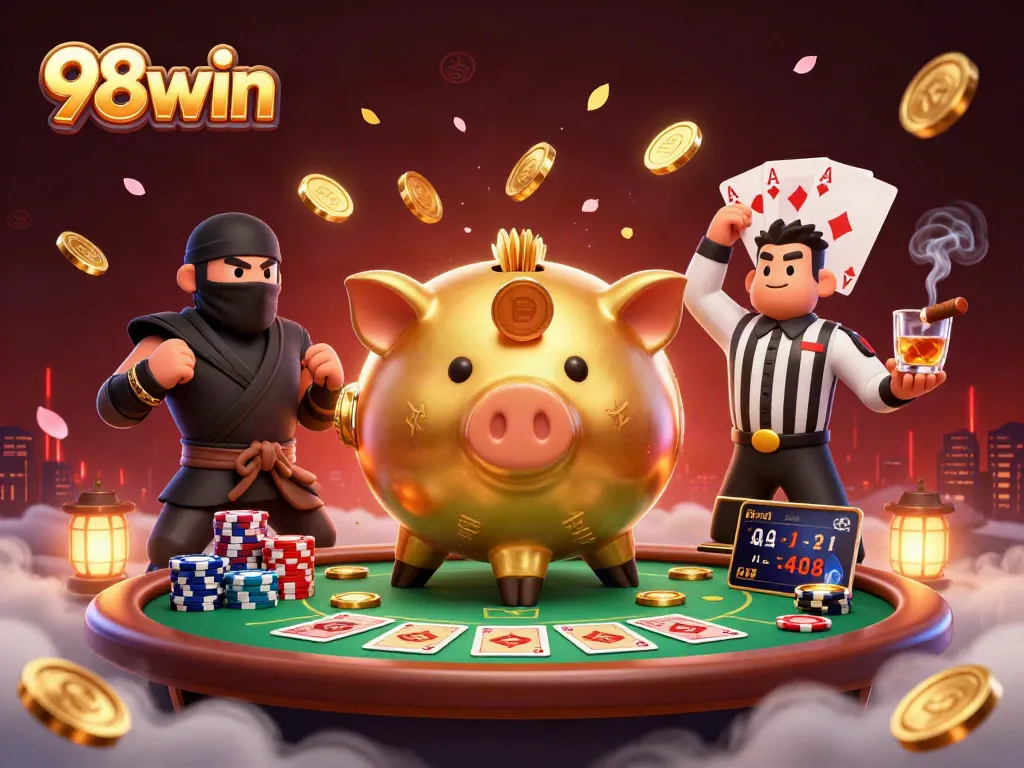 Experience the thrill of 98win casino with a powerful piggy bank sumo wrestler amidst a vibrant gambling scene.