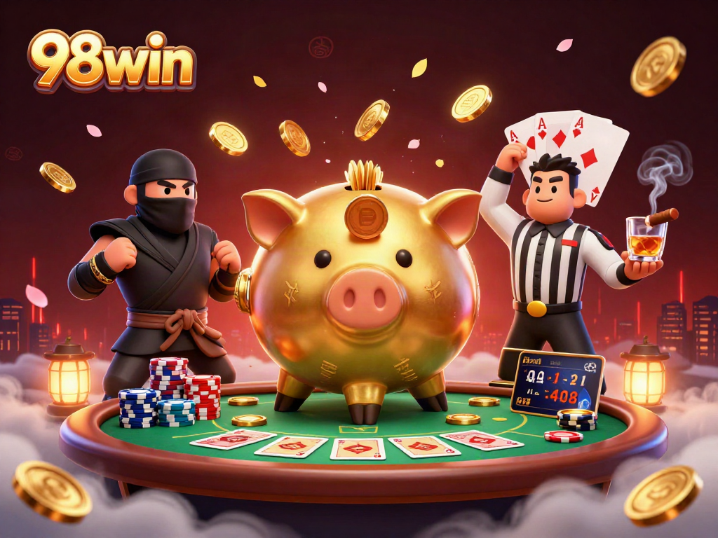 Experience the thrill of 98win casino with a powerful piggy bank sumo wrestler amidst a vibrant gambling scene.