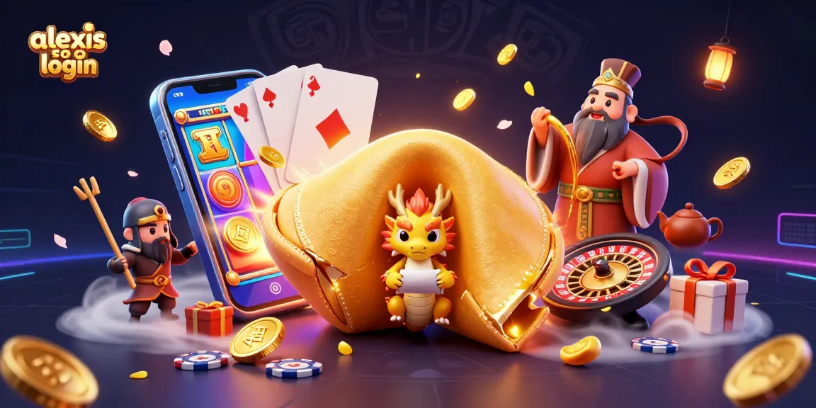 A vibrant scene illustrating the alexis 500 login experience with a fortune cookie and gaming elements.