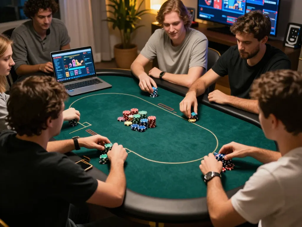 Players engaging in an exciting poker game on 789clubgo app, surrounded by colorful chips and devices
