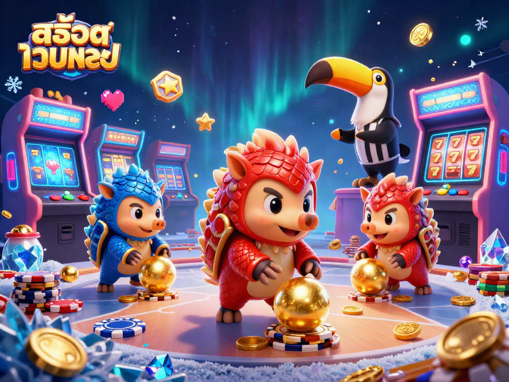 Experience the thrilling gameplay of สล็อตเว็บตรง with animated pangolins and vibrant casino elements.