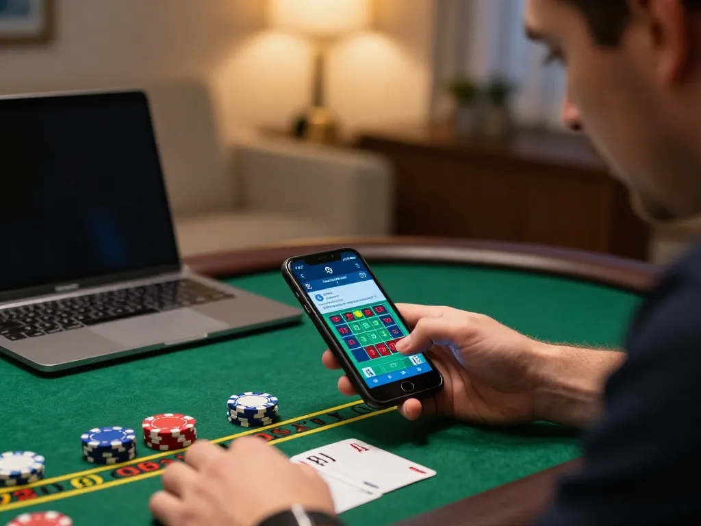 Player engaging in strategic betting on Sunwin's live dealer blackjack game from a cozy home setting.