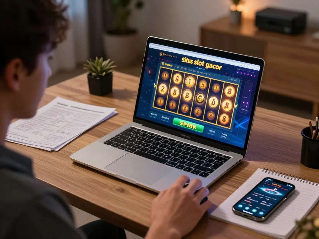 Engaged player focused on situs slot gacor laptop interface, ready to spin for a win.