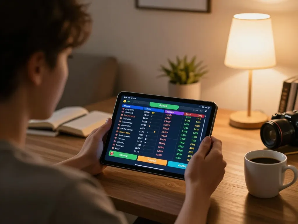 Person using keonhacaii88 for online betting, focused on strategy with tablet and notes.