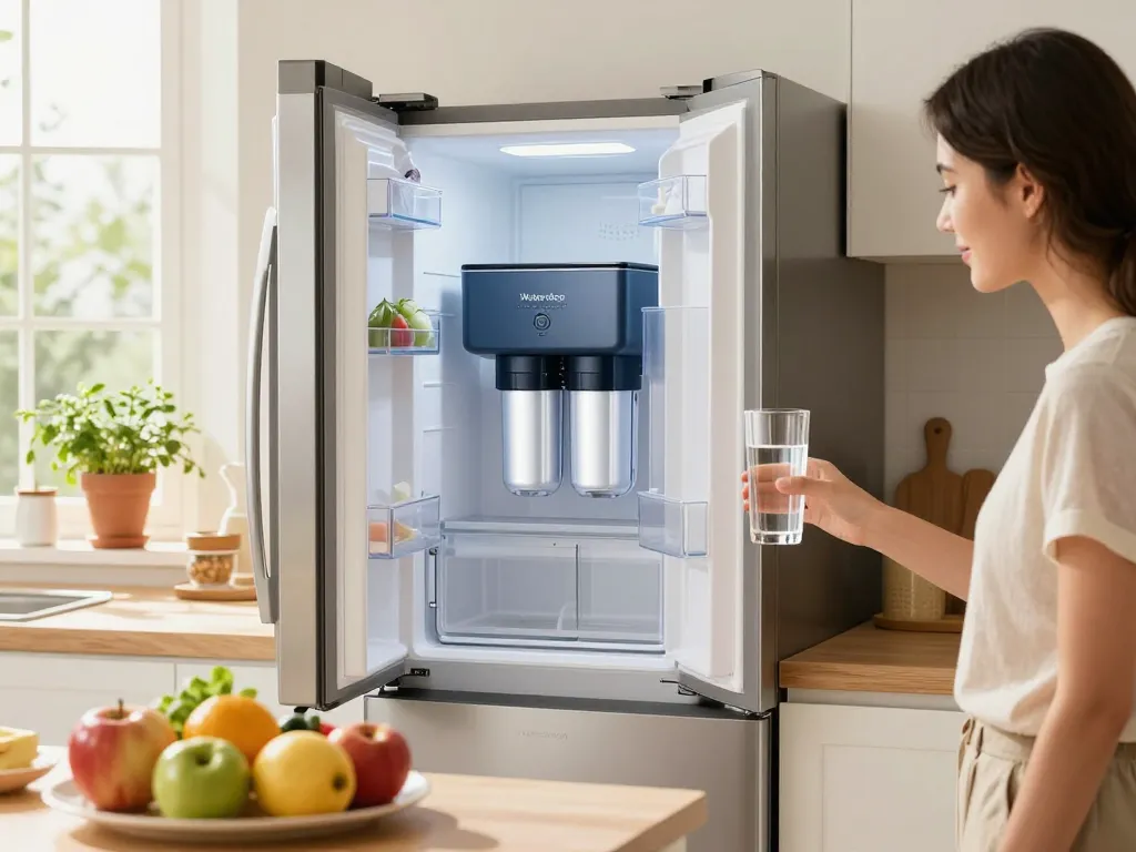 Waterdrop 5231JA2002A Refrigerator Water Filter installed in a modern kitchen, with a woman enjoying a glass of freshly filtered water.