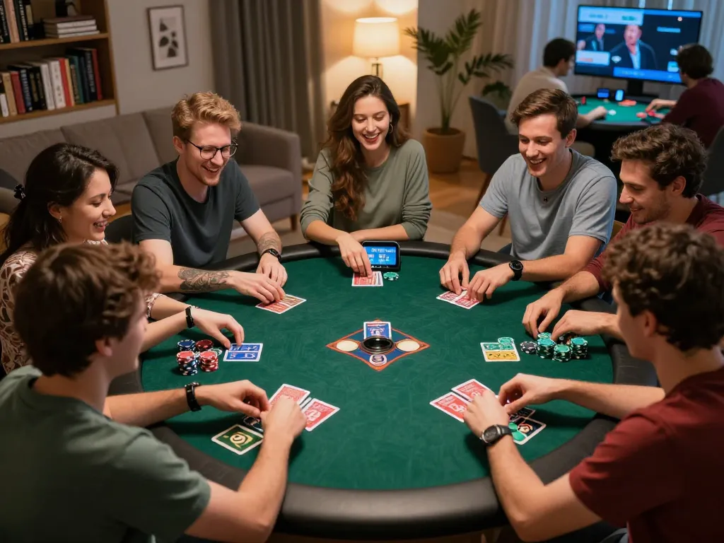 Engaged friends enjoying a white label casino poker night with strategic gameplay and laughter