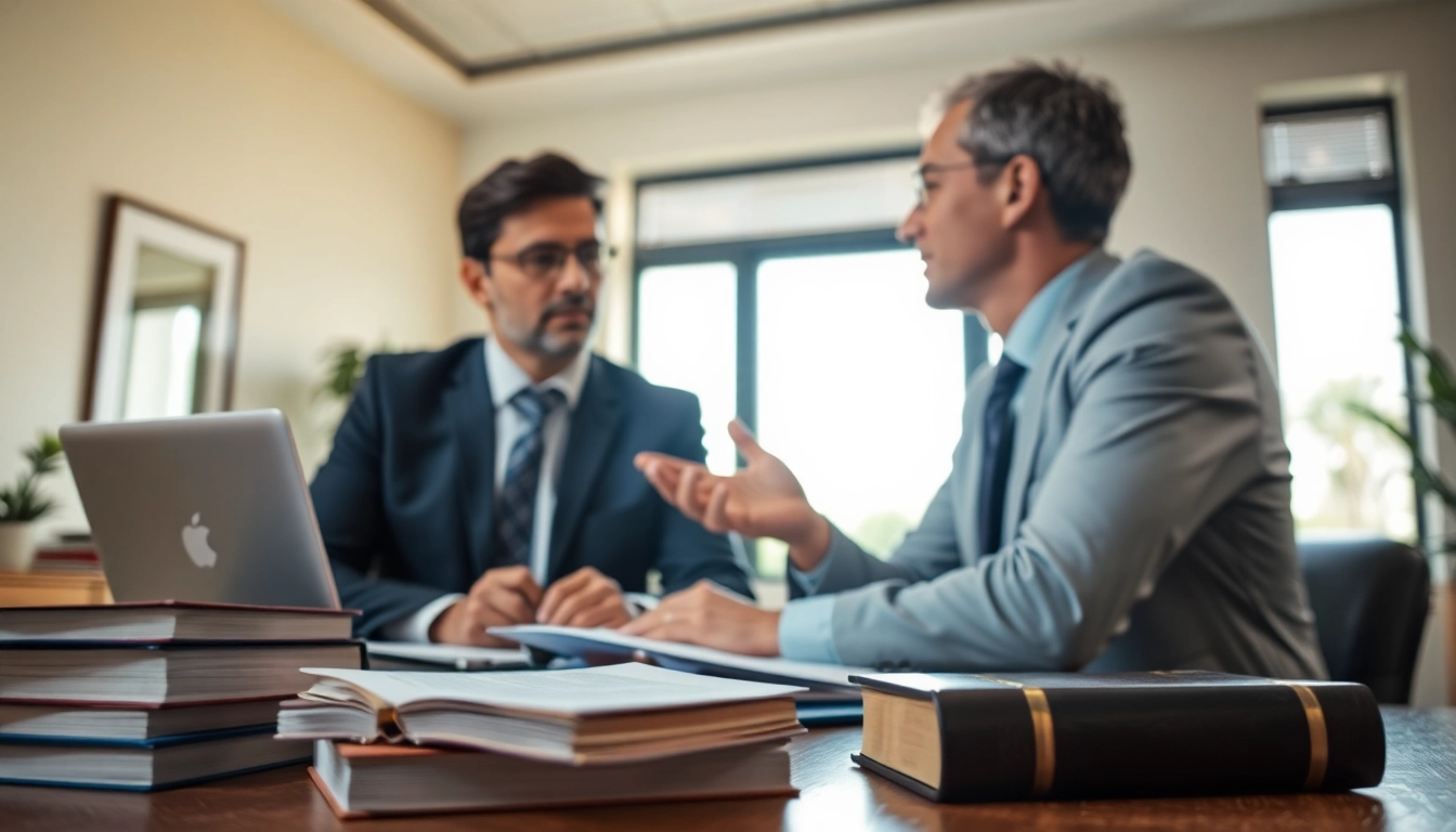Clearwater truck accident lawyer advising a client in an office with legal books.