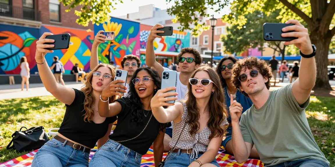Friends discovering celebrities that look alike in a vibrant city park during a sunny day.