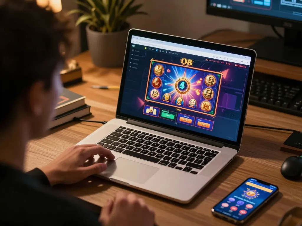 Player enjoying engaging slot games at O8 online casino at home