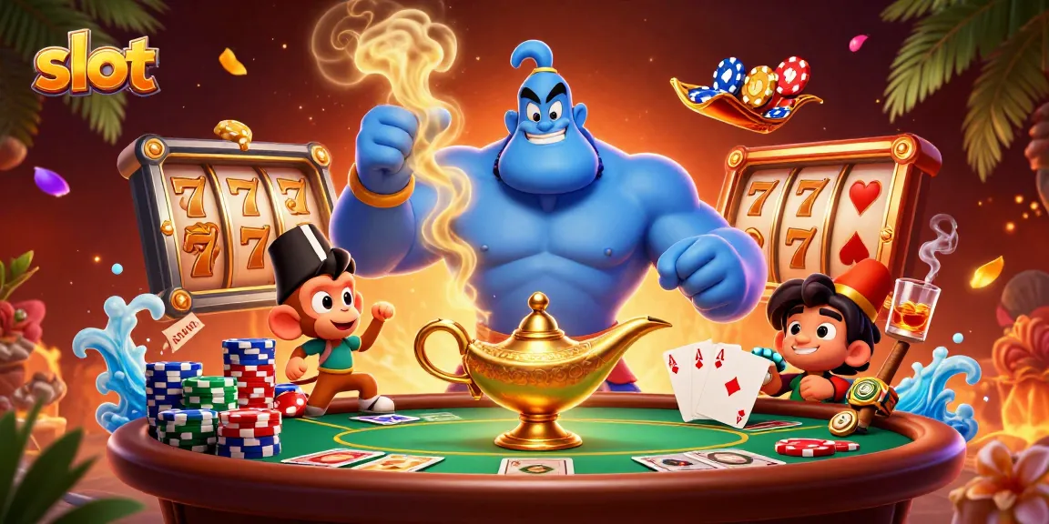 Experience thrilling slot action with a muscular genie and a magic carpet amidst vibrant casino elements.