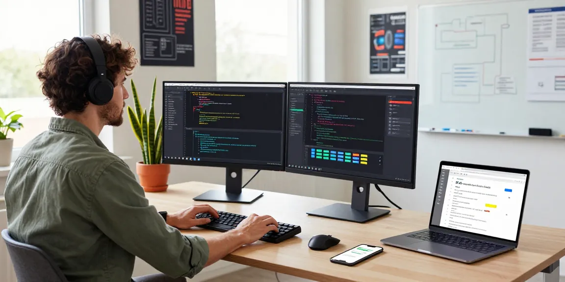 Developer utilizing open claw skill in a modern workspace with dual monitors, coding and creating applications.