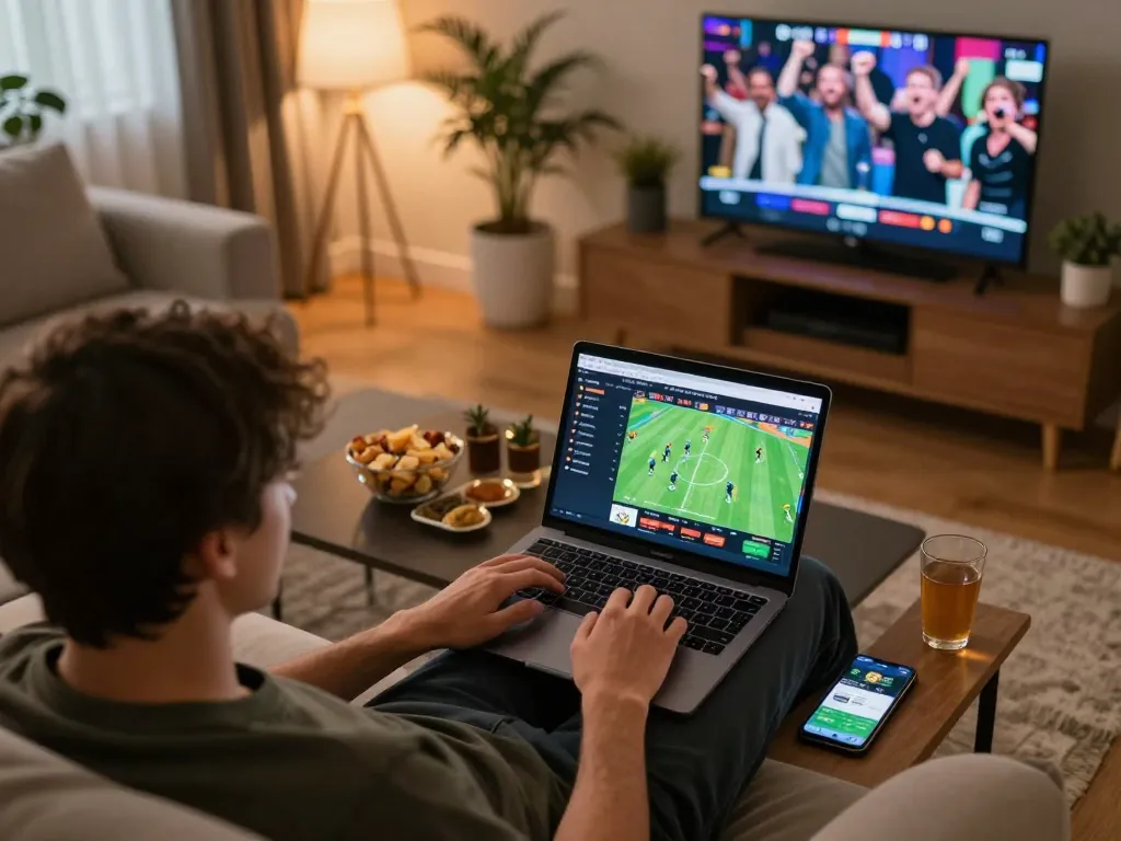 Engaging in sports betting on tv 88 while relaxing at home with a laptop and snacks